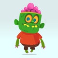 Vector cartoon image of a funny green zombie with big head in brown pants and red t-shirt walking Royalty Free Stock Photo