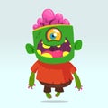 Vector cartoon image of a funny green zombie with big head in brown pants and red t-shirt walking