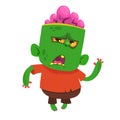 Vector cartoon image of a funny green zombie with big head in brown pants and red t-shirt walking
