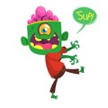 Vector cartoon image of a funny green zombie with big head. Halloween vector illustration