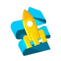 Vector cartoon image with golden rocket taking off