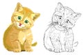 Colorful and black and white pattern for coloring. Illustration of cute kitten. Worksheet for children and adults.