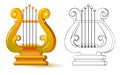 Colorful and black and white pattern for coloring. Illustration of lyre. Symbol of ancient Greek musical instrument.