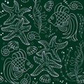 Seamless pattern ornament with underwater life. Illustration of scattered fishes and starfishes. Hand-drawn vector image.