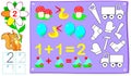 Educational page for young children with number two. Need to color all the objects which are in double quantity. Royalty Free Stock Photo