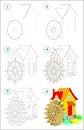 Page shows how to learn step by step to draw a water mill. Developing children skills for drawing and coloring. Royalty Free Stock Photo