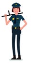 Vector cartoon image of a woman police officer with brown hair in a police uniform with a baton in her hand. Vector