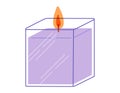 Vector flat isolated aromatic decorative candle in the shape of a cube, with fire, in a glass candlestick.