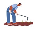 Vector cartoon isolated illustration of farmer working in the garden with a hoe, hilling, cultivating the land on white