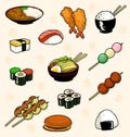 Vector cartoon japanese food doodle collection with rice sushi onigiri dorayaki and ramen in fun kid style