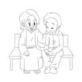 A vector cartoon of Jesus sitting and talking to a man, showing him that he loves and cares for him. Black and White. Coloring pa