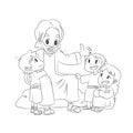 A vector cartoon of Jesus talking to children in black and white.