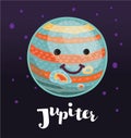 Cartoon Jupiter with lightning, planet, vector character, Solar system.