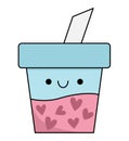 Vector cartoon kawaii bubble tea icon with heart shaped tapioca. Pink drink clipart. Cute glass illustration. Funny Saint