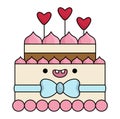 Vector cartoon kawaii cake icon with heart shaped toppers and bow. Cute dessert illustration. Funny Saint Valentine day icon for