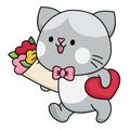 Vector cartoon kawaii cat boy going to date with flowers. And candies. Kitty clipart or icon. Cute kitten illustration. Funny