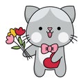 Vector cartoon kawaii cat boy icon with bow tie and flowers. Kitty isolated clipart. Cute kitten illustration. Funny Saint