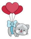 Vector cartoon kawaii cat flying on heart shaped balloons. Kitty isolated clipart. Cute kitten colored outlined illustration. Royalty Free Stock Photo