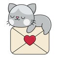 Vector cartoon kawaii cat sleeping on envelope with heart. Kitty isolated clipart. Cute kitten colored outlined illustration.