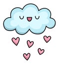 Vector cartoon kawaii cloud raining with hearts. Nature object isolated clipart. Cute illustration. Funny Saint Valentine day icon