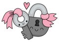 Vector cartoon kawaii key and lock. Locker isolated clipart. Cute Saint Valentine day colored outlined illustration. Funny icon
