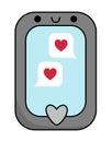 Vector cartoon kawaii smartphone with messages and hearts. Cute handy or mobile phone illustration. Funny Saint Valentine day icon Royalty Free Stock Photo