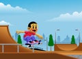 Cartoon Kid Skateboarding in Skatepark Illustration Royalty Free Stock Photo