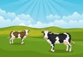 Vector cartoon landscape with two cows in sunny green meadows wi