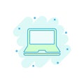 Vector cartoon laptop computer icon in comic style. Notebook sign illustration pictogram. Pc business splash effect concept.