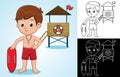 Vector cartoon of lifeguard boy holding lifebuoy on lifeguard tower background Royalty Free Stock Photo