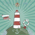 Vector cartoon lighthouse illustration with waves and mountains. lighthouse on the rocks, sea landscape with blue sky for greeting Royalty Free Stock Photo