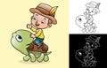 Vector cartoon of little boy wearing cowboy hat riding on giant turtle. Coloring book or page Royalty Free Stock Photo