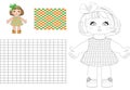 Vector cartoon little cute doll girls child in a summer checkered dress coloring book for preschool and primary schoolchildren,