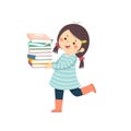 Vector cartoon little girl holding pile of books