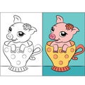 Little pig in tea cup, coloring book or page