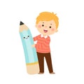 Vector cartoon little student boy with big pencil. Back to school concept Royalty Free Stock Photo