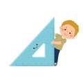 Vector cartoon little student boy with big triangle ruler. Back to school concept