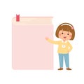 Vector cartoon little student girl with big book. Back to school concept