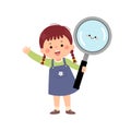 Vector cartoon little student girl holding big magnifying glass. Back to school concept