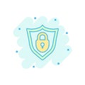 Vector cartoon lock with shield security icon in comic style. Pa