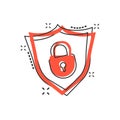 Vector cartoon lock with shield security icon in comic style. Pa