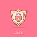 Vector cartoon lock with shield security icon in comic style. Protection illustration pictogram. Shield business splash effect