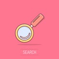 Vector cartoon loupe icon in comic style. Magnifier sign illustration pictogram. Search business splash effect concept