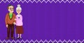 Vector cartoon loving elderly couple on purple fabric knitting background with wavy ornament.