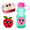 Vector Cartoon lunch tiffin box, apple, water bottle Royalty Free Stock Photo