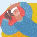 Vector cartoon lustration of young woman lying with headache