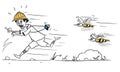 Vector Cartoon of Male Tourist Running Away from Large Bee or Wa