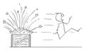 Vector Cartoon of Man, Bomb Disposal Expert or Pyrotechnist Running Away from Exploding Box with Explosives