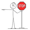 Vector Cartoon of Man or Businessman Holding Red Stop Sign and Pointing Royalty Free Stock Photo