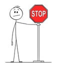 Vector Cartoon of Man or Businessman Holding Red Stop Sign Royalty Free Stock Photo